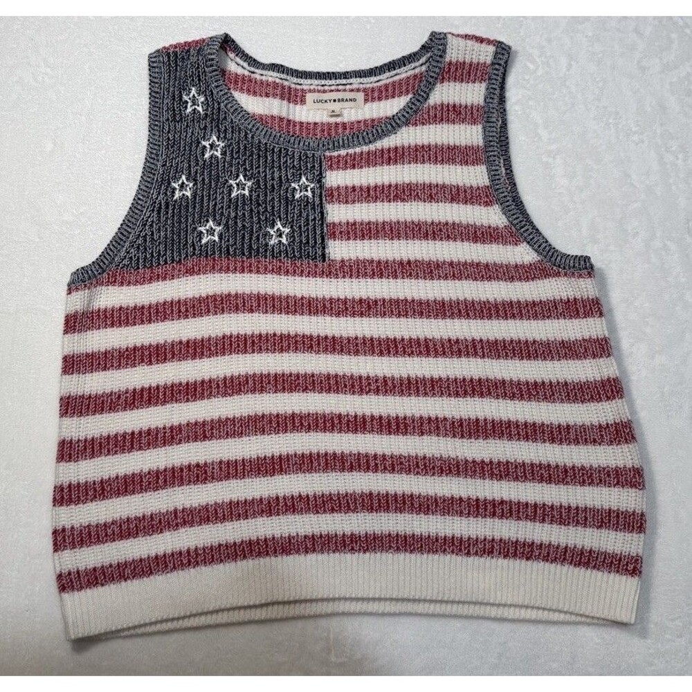Lucky Brand American Flag Sweater Vest Women’s XL Patriotic Stars & Stripes